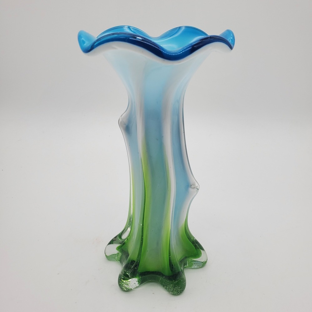 Vintage Handcrafted Swung Glass Vase Green Blue Ombre Ruffled Rim 7.5 Inch